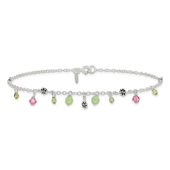 Sterling Silver 9in Pink Crystal Green Quartz Peridot Beads Anklet, 9 inches - Picture 6 of 8